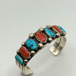 Silver Turquoise and Coral Bracelet